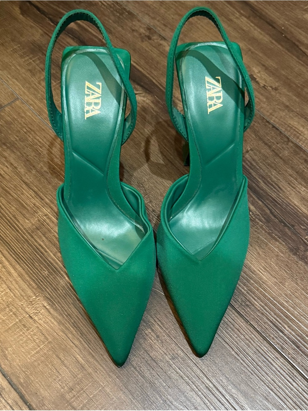 Zara Emerald Green Satin Slingback Pointed Toe Heels Size 38 EU / US 7.5 - Picture 3 of 7